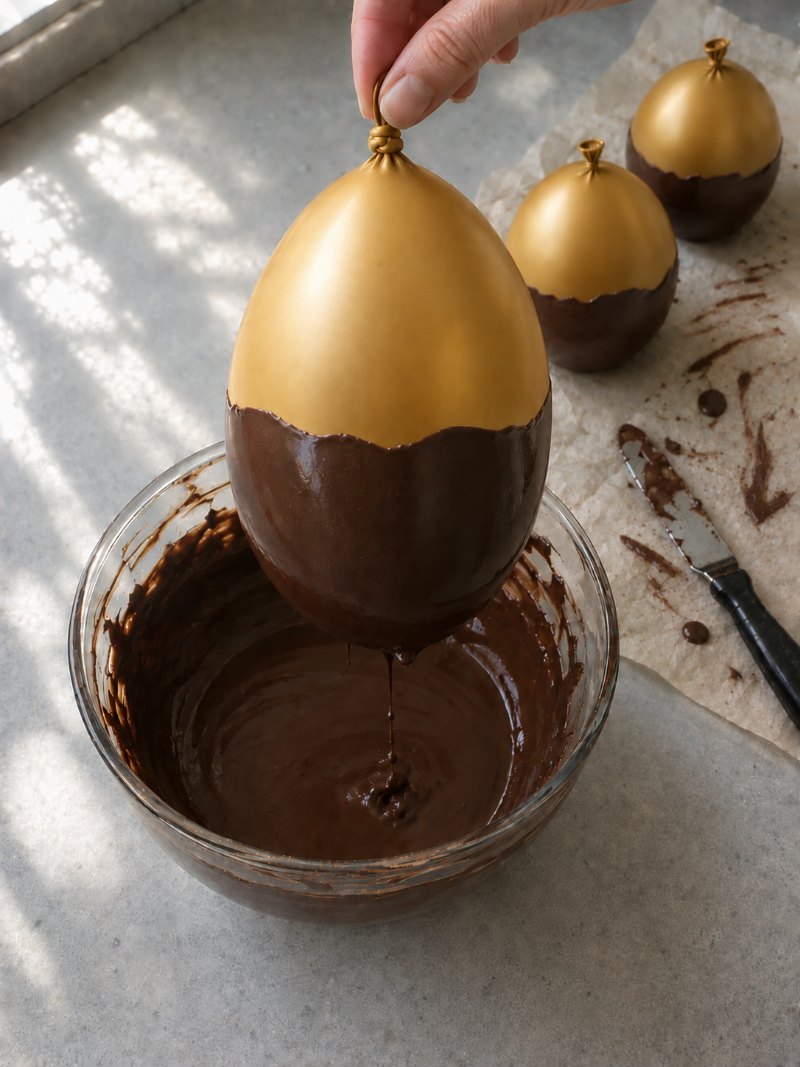 A gold balloon held by its knot, its lower half coated in dark chocolate, lifted from a bowl of melted chocolate