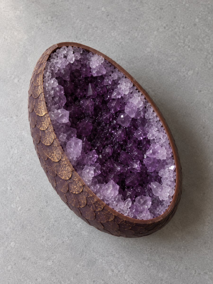 One half of the egg cut open, densely lined with amethyst rock candy